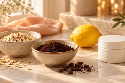 Separate bowls of dry oats and coffee grounds beside a whole lemon and a closed moisturizer jar.