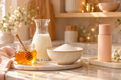 Honey jar, milk carafe and dry sugar displayed separately from a closed peach skincare bottle.