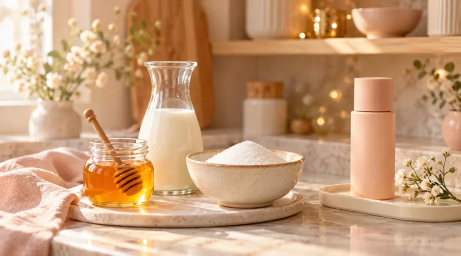 Honey jar, milk carafe and dry sugar displayed separately from a closed peach skincare bottle.