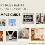 A collage of polaroid-style photos illustrating healthy daily habits, featuring images of fresh groceries with hand weights, a person stretching outdoors, a healthy breakfast bowl, someone tying running shoes, a person drinking a glass of water, and a woman practicing meditation.