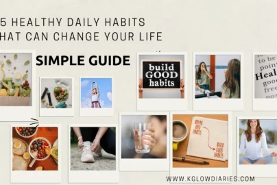 A collage of polaroid-style photos illustrating healthy daily habits, featuring images of fresh groceries with hand weights, a person stretching outdoors, a healthy breakfast bowl, someone tying running shoes, a person drinking a glass of water, and a woman practicing meditation.