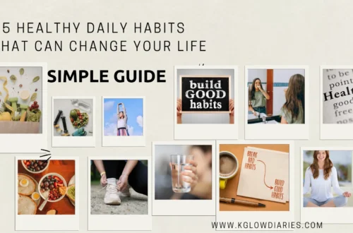 A collage of polaroid-style photos illustrating healthy daily habits, featuring images of fresh groceries with hand weights, a person stretching outdoors, a healthy breakfast bowl, someone tying running shoes, a person drinking a glass of water, and a woman practicing meditation.