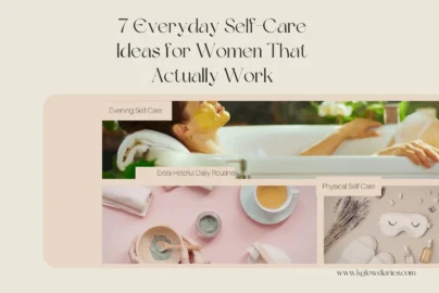 A collage showcasing everyday self-care ideas including a woman relaxing in a bathtub with a yellow face mask, hands mixing a natural powder skincare treatment in a wooden bowl next to a cup of herbal tea, and a flat-lay of physical self-care items like a sleep mask, dried lavender, and essential oil bottles.