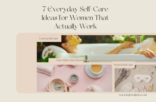 A collage showcasing everyday self-care ideas including a woman relaxing in a bathtub with a yellow face mask, hands mixing a natural powder skincare treatment in a wooden bowl next to a cup of herbal tea, and a flat-lay of physical self-care items like a sleep mask, dried lavender, and essential oil bottles.