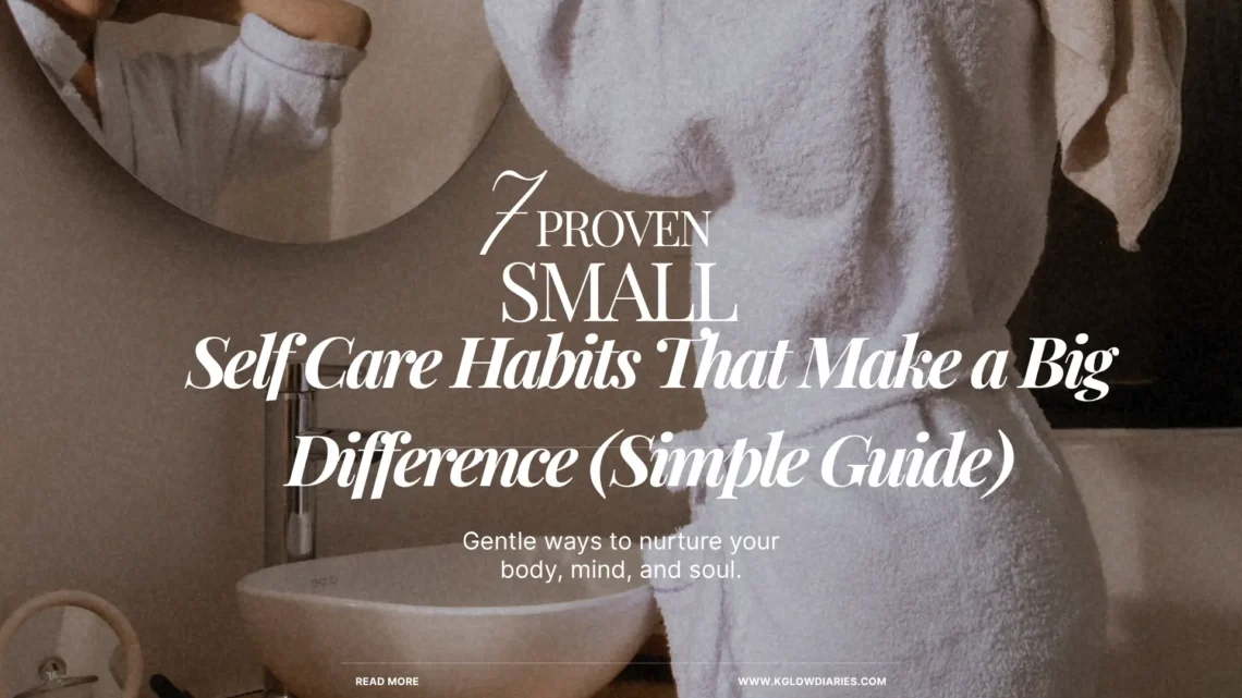 A person wearing a soft white bathrobe and a hair towel, standing in front of a bathroom mirror and vessel sink, illustrating a morning or evening wellness routine