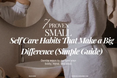 A person wearing a soft white bathrobe and a hair towel, standing in front of a bathroom mirror and vessel sink, illustrating a morning or evening wellness routine