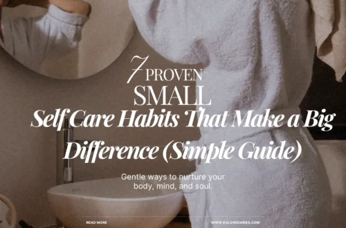 A person wearing a soft white bathrobe and a hair towel, standing in front of a bathroom mirror and vessel sink, illustrating a morning or evening wellness routine