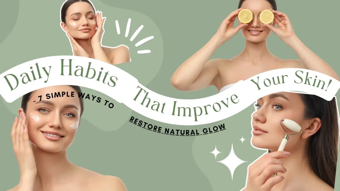 A collage featuring a woman demonstrating various skincare habits, including applying face cream, holding lemon slices over her eyes, and using a white jade roller on her cheek, with text that reads "Daily Habits That Improve Your Skin!"