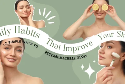A collage featuring a woman demonstrating various skincare habits, including applying face cream, holding lemon slices over her eyes, and using a white jade roller on her cheek, with text that reads "Daily Habits That Improve Your Skin!"
