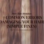 A row of diverse hair swatches in various shades of brown, blonde, and auburn, with different textures ranging from straight to wavy, overlaid with text about common hair type mistakes and simple fixes.