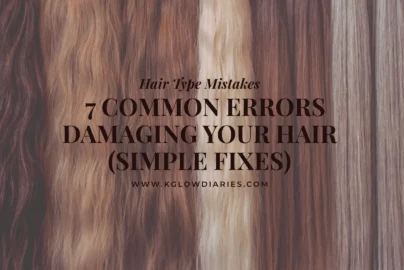 A row of diverse hair swatches in various shades of brown, blonde, and auburn, with different textures ranging from straight to wavy, overlaid with text about common hair type mistakes and simple fixes.