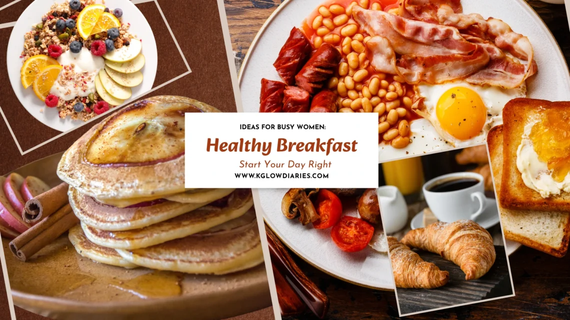 A collage of healthy breakfast ideas featuring various plates: a yogurt bowl with fresh berries and orange slices, a stack of pancakes with apples and cinnamon, a traditional cooked breakfast with eggs and beans, and golden croissants with coffee.
