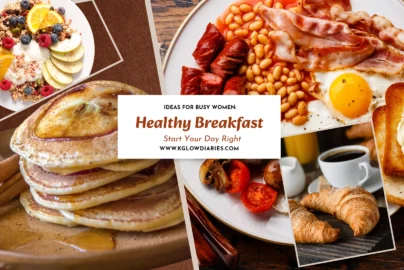 A collage of healthy breakfast ideas featuring various plates: a yogurt bowl with fresh berries and orange slices, a stack of pancakes with apples and cinnamon, a traditional cooked breakfast with eggs and beans, and golden croissants with coffee.
