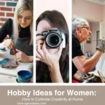 A collage featuring various hobby ideas for women, including panels showing a person chopping fresh vegetables, a woman painting a ceramic piece, a photographer holding a camera, an artist painting on a canvas, and hands assembling colorful beaded jewelry.