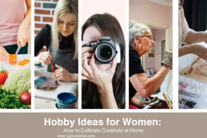 A collage featuring various hobby ideas for women, including panels showing a person chopping fresh vegetables, a woman painting a ceramic piece, a photographer holding a camera, an artist painting on a canvas, and hands assembling colorful beaded jewelry.