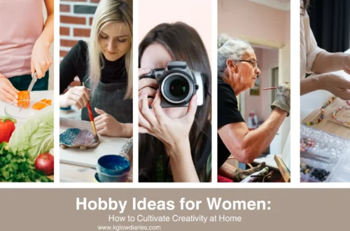 A collage featuring various hobby ideas for women, including panels showing a person chopping fresh vegetables, a woman painting a ceramic piece, a photographer holding a camera, an artist painting on a canvas, and hands assembling colorful beaded jewelry.