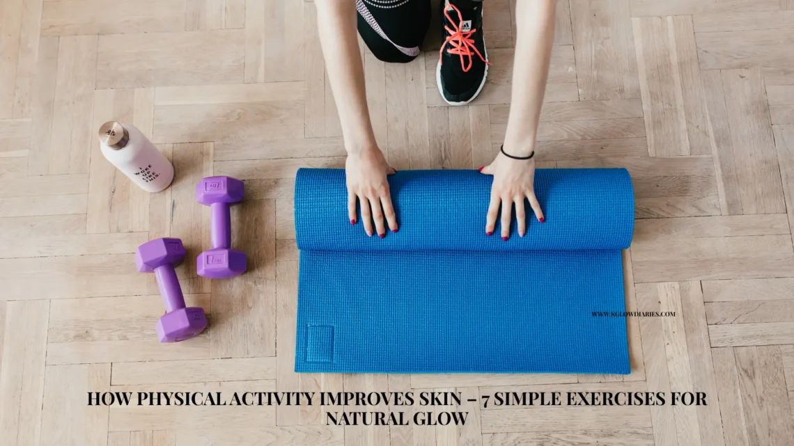 An overhead view of a person unrolling a blue yoga mat on a light wood floor, surrounded by workout gear including purple dumbbells and a pink water bottle, with text about how physical activity improves skin glow.