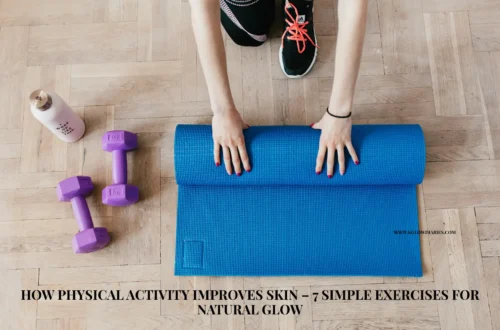 An overhead view of a person unrolling a blue yoga mat on a light wood floor, surrounded by workout gear including purple dumbbells and a pink water bottle, with text about how physical activity improves skin glow.