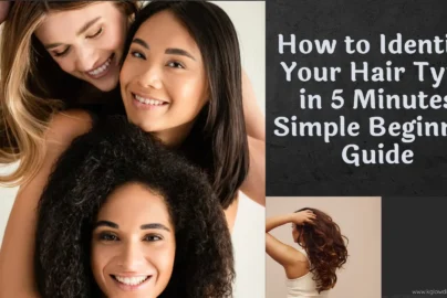 A collage featuring women with diverse hair textures, including straight, wavy, and curly hair types, alongside a smaller image of a woman showcasing long brunette curls and text that reads "How to Identify Your Hair Type in 5 Minutes.