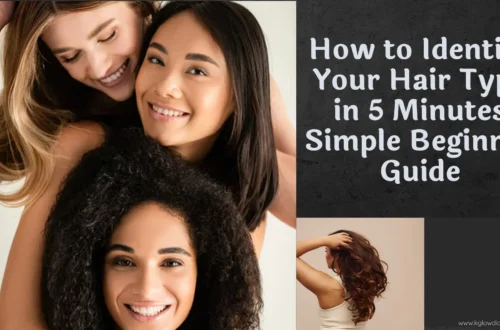 A collage featuring women with diverse hair textures, including straight, wavy, and curly hair types, alongside a smaller image of a woman showcasing long brunette curls and text that reads "How to Identify Your Hair Type in 5 Minutes.