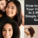 A collage featuring women with diverse hair textures, including straight, wavy, and curly hair types, alongside a smaller image of a woman showcasing long brunette curls and text that reads "How to Identify Your Hair Type in 5 Minutes.