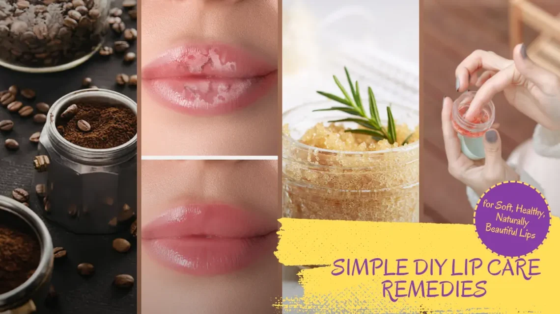 A collage featuring simple DIY lip care remedies, showing coffee beans and grounds, a before-and-after comparison of dry, chapped lips becoming soft and hydrated, a jar of sugar scrub with a rosemary sprig, and a person applying a homemade lip balm.