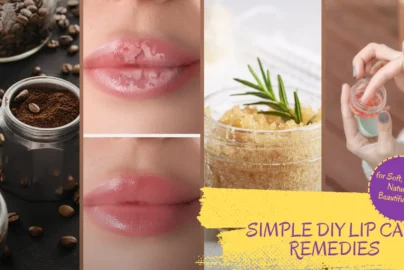A collage featuring simple DIY lip care remedies, showing coffee beans and grounds, a before-and-after comparison of dry, chapped lips becoming soft and hydrated, a jar of sugar scrub with a rosemary sprig, and a person applying a homemade lip balm.