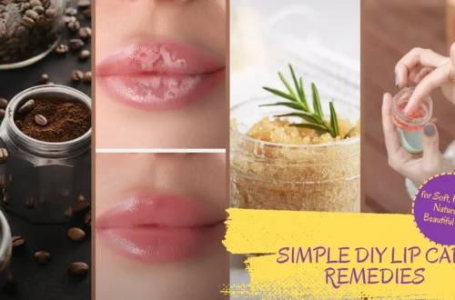 A collage featuring simple DIY lip care remedies, showing coffee beans and grounds, a before-and-after comparison of dry, chapped lips becoming soft and hydrated, a jar of sugar scrub with a rosemary sprig, and a person applying a homemade lip balm.