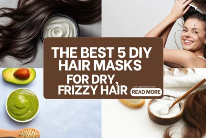 A collage featuring DIY hair mask treatments for dry hair, including a bowl of white cream next to dark wavy hair, a woman combing her long hair, an avocado hair mask with a fresh avocado half, and a wooden bowl of natural treatment next to a hair brush.