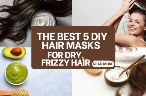 A collage featuring DIY hair mask treatments for dry hair, including a bowl of white cream next to dark wavy hair, a woman combing her long hair, an avocado hair mask with a fresh avocado half, and a wooden bowl of natural treatment next to a hair brush.