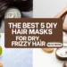 A collage featuring DIY hair mask treatments for dry hair, including a bowl of white cream next to dark wavy hair, a woman combing her long hair, an avocado hair mask with a fresh avocado half, and a wooden bowl of natural treatment next to a hair brush.