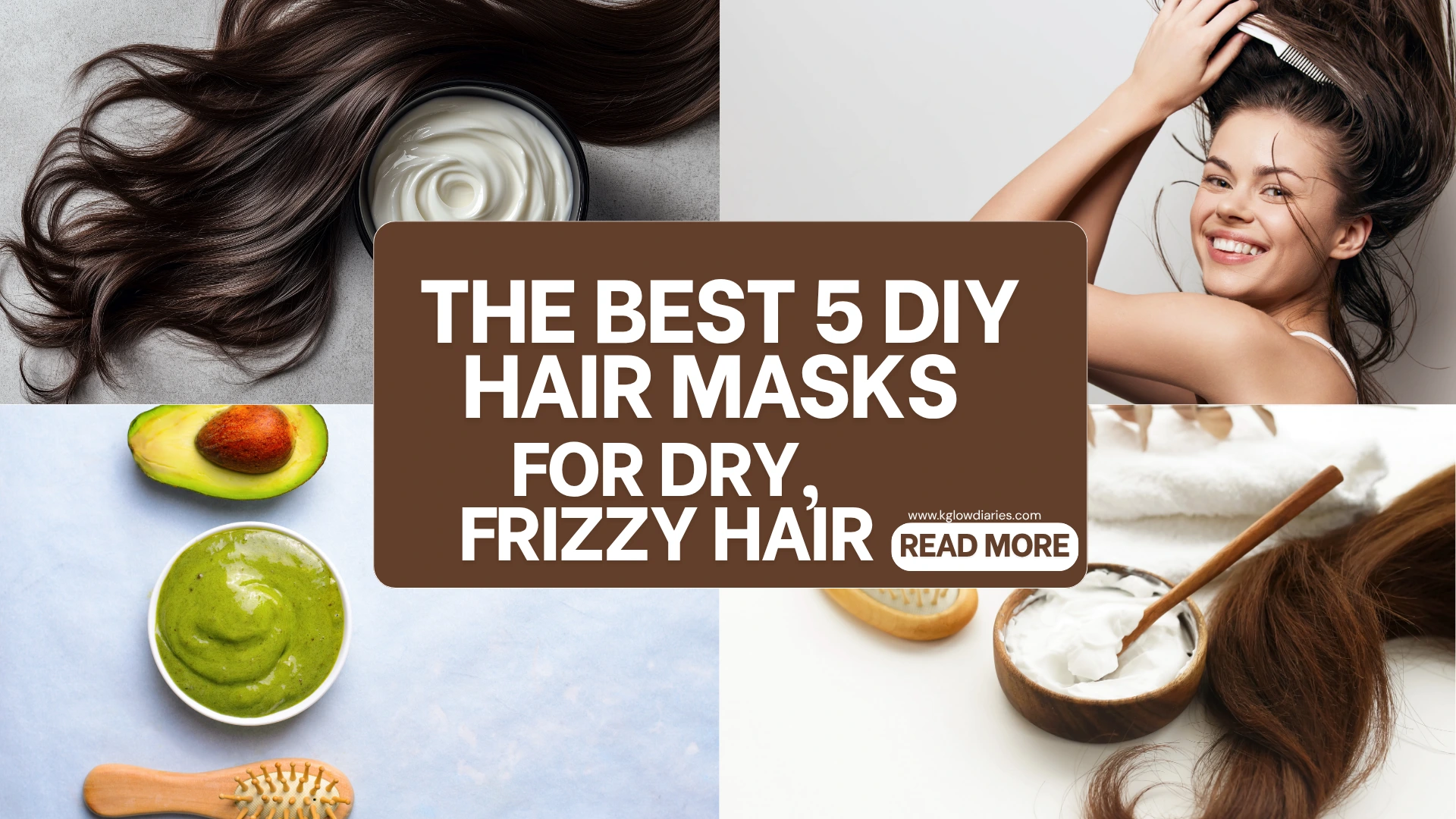 A collage featuring DIY hair mask treatments for dry hair, including a bowl of white cream next to dark wavy hair, a woman combing her long hair, an avocado hair mask with a fresh avocado half, and a wooden bowl of natural treatment next to a hair brush.