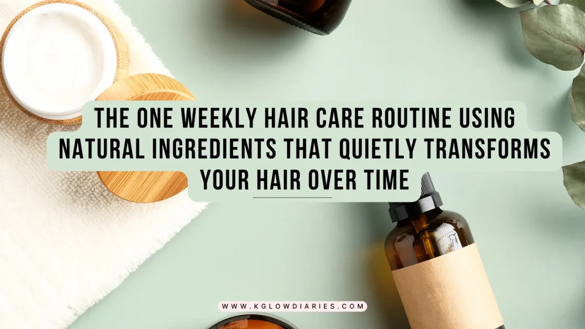 A flat-lay of natural hair care products including amber glass dropper bottles, a jar of white cream with a wooden lid, and fresh eucalyptus leaves on a light green background.