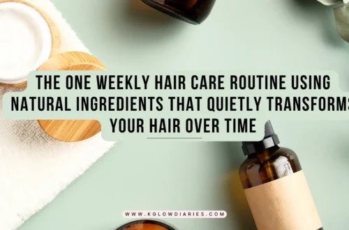 A flat-lay of natural hair care products including amber glass dropper bottles, a jar of white cream with a wooden lid, and fresh eucalyptus leaves on a light green background.