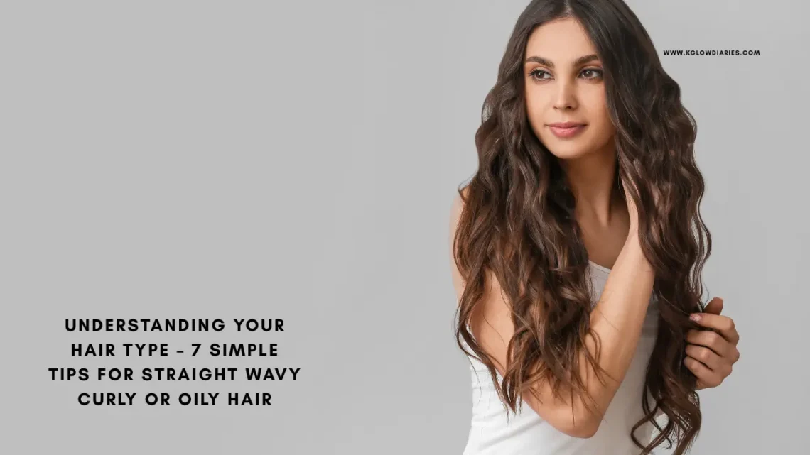 A woman with long, voluminous wavy brown hair looking to the side against a grey background, illustrating the "wavy" hair type category.