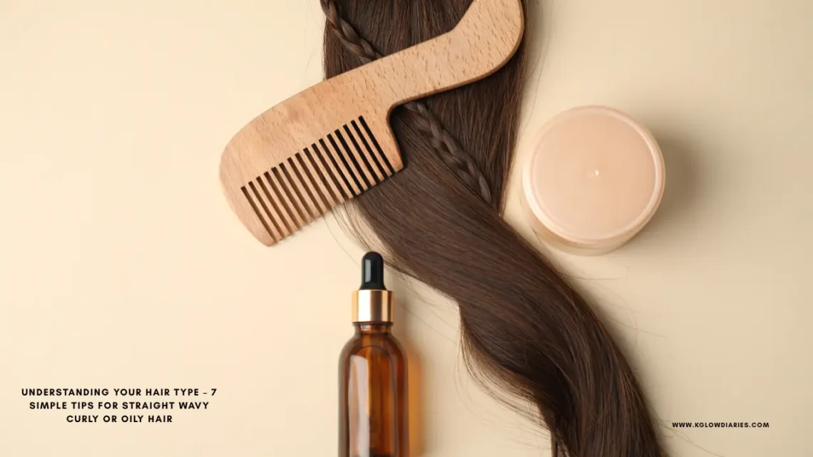A top-down view of hair care essentials featuring a long strand of wavy brunette hair with a small braid, a wooden wide-tooth comb, an amber glass dropper bottle, and a round tan cosmetic jar on a neutral background.
