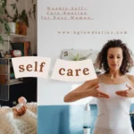 A woman practicing a self-care routine at home, featuring a split-screen design: one side showing her applying skincare while sitting in bed, and the other showing her standing and practicing mindful movement.