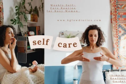 A woman practicing a self-care routine at home, featuring a split-screen design: one side showing her applying skincare while sitting in bed, and the other showing her standing and practicing mindful movement.