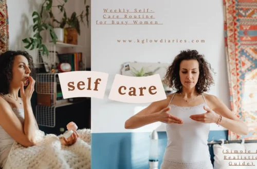 A woman practicing a self-care routine at home, featuring a split-screen design: one side showing her applying skincare while sitting in bed, and the other showing her standing and practicing mindful movement.