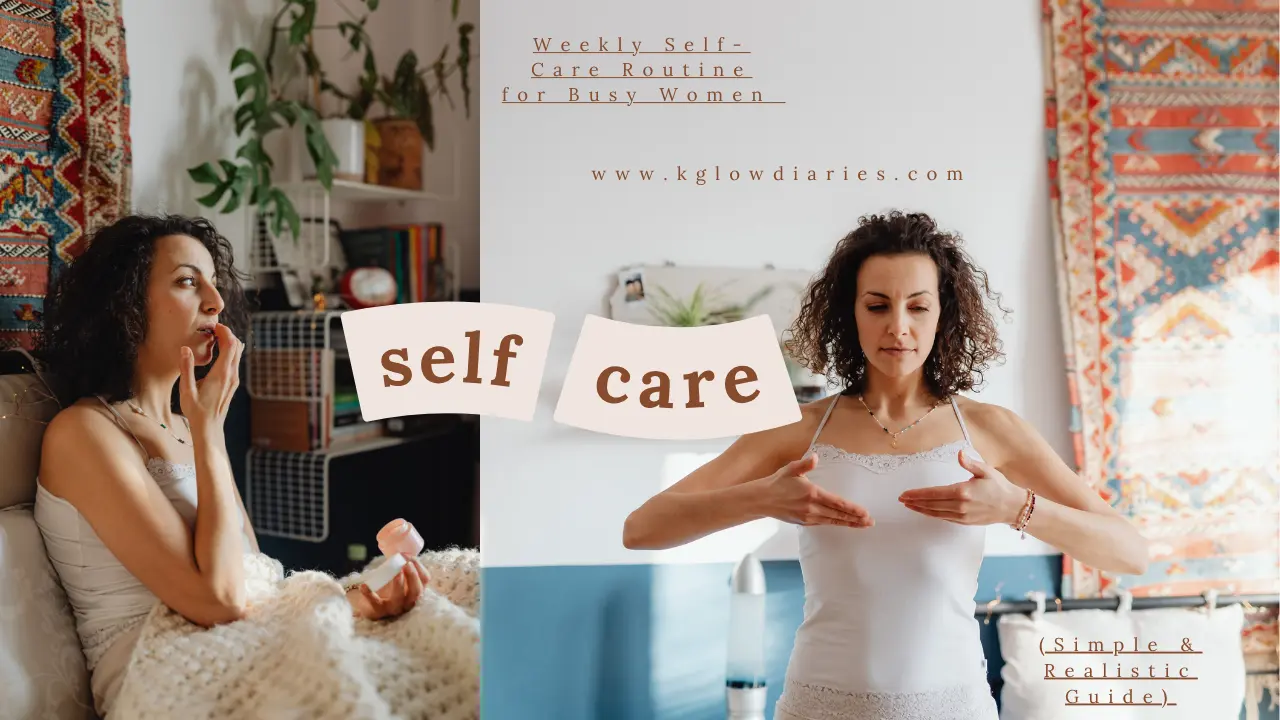 A woman practicing a self-care routine at home, featuring a split-screen design: one side showing her applying skincare while sitting in bed, and the other showing her standing and practicing mindful movement.