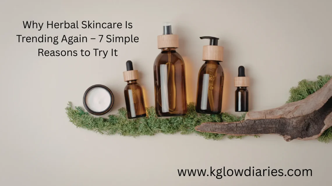 A collection of natural skincare products in amber glass bottles with wooden caps, including a pump bottle, a spray bottle, and two dropper bottles, arranged alongside a jar of white cream and green moss on a neutral background.