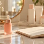A peach serum bottle beside an open notebook, with basic skincare containers in the background.