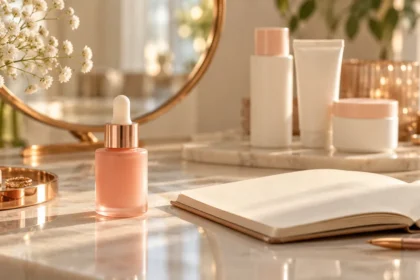A peach serum bottle beside an open notebook, with basic skincare containers in the background.