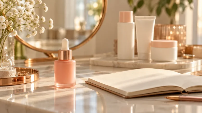 A peach serum bottle beside an open notebook, with basic skincare containers in the background.