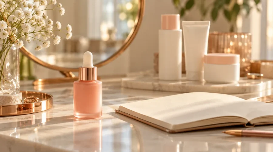 A peach serum bottle beside an open notebook, with basic skincare containers in the background.