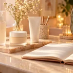 Basic skincare bottles beside an open notebook, rose-gold pen and oval mirror on a cream vanity.