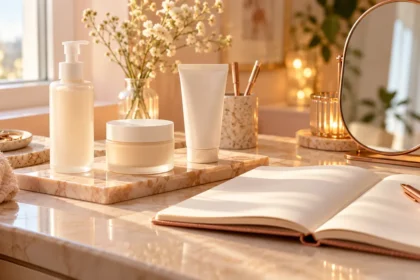 Basic skincare bottles beside an open notebook, rose-gold pen and oval mirror on a cream vanity.
