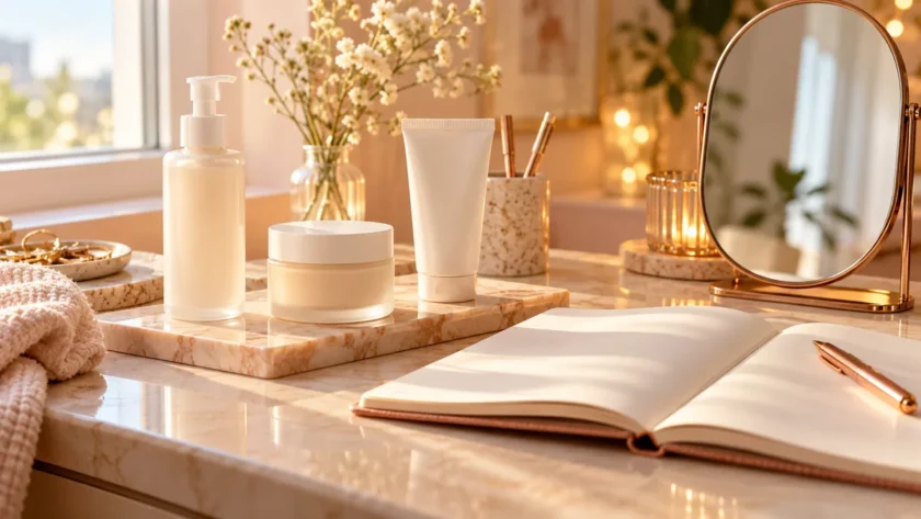 Basic skincare bottles beside an open notebook, rose-gold pen and oval mirror on a cream vanity.