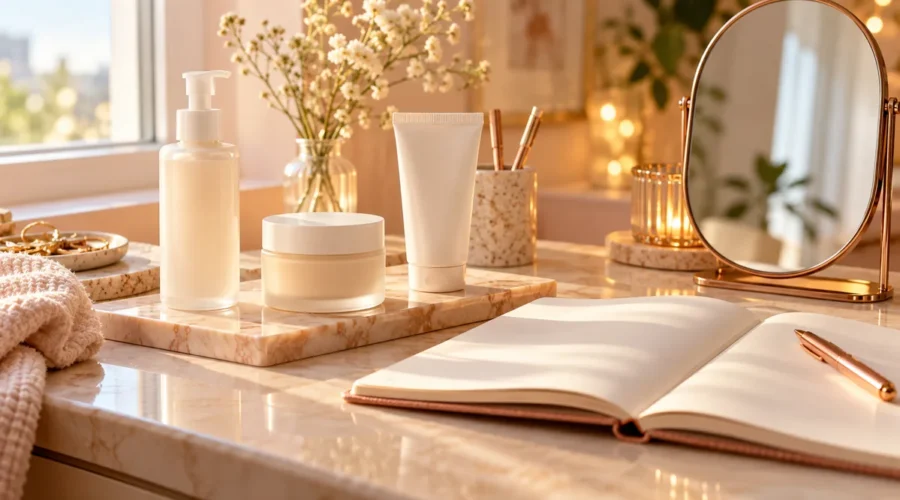 Basic skincare bottles beside an open notebook, rose-gold pen and oval mirror on a cream vanity.