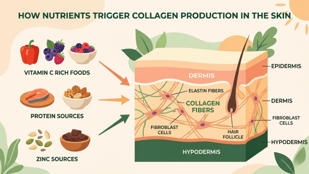 A clean simple educational diagram in 16:9 horizontal format showing how food nutrients trigger collagen production inside the skin. Show a cross-section illustration of skin layers with collagen fibers visible. Show arrows pointing inward from small icons of vitamin C rich foods like bell peppers and berries, protein sources like salmon and nuts, and zinc sources like seeds. Label the collagen fibers clearly. Soft warm tones with peach, cream, green, and light orange colors. Fresh hopeful and natural mood. Flat design illustration style, modern wellness blog aesthetic. No photos. No logos. No watermarks. No processed foods, no soda, no fried food imagery.